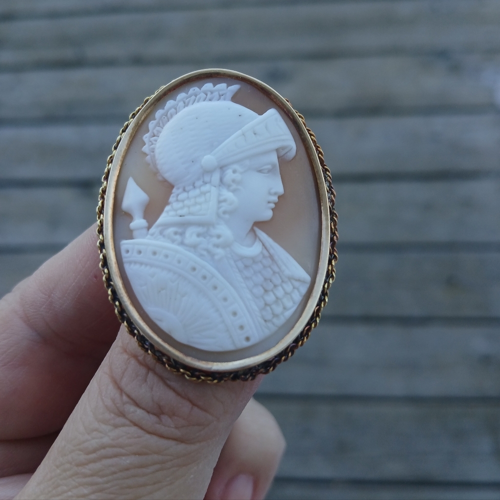 Antique Victorian Carved Shell Cameo 14K Rose Gold Brooch Roman Greek Warrior - Picture 16 of 16